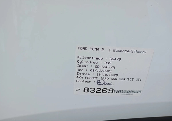 Ford Puma cena 52900 przebieg: 66000, rok produkcji 2021 z Września małe 191